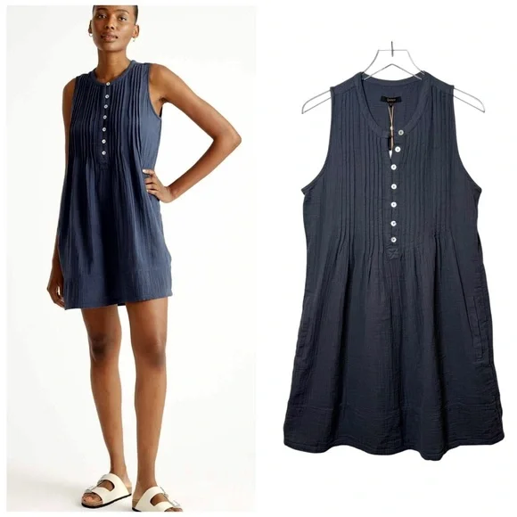 NEW Quince 100% Cotton Gauze Sleeveless Indigo Women’s Swing Mini Dress Sz S - Picture 1 of 15